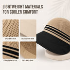 Women's sun hat materials: open-knit mesh, poly-cotton brim, striped band and soft inner band