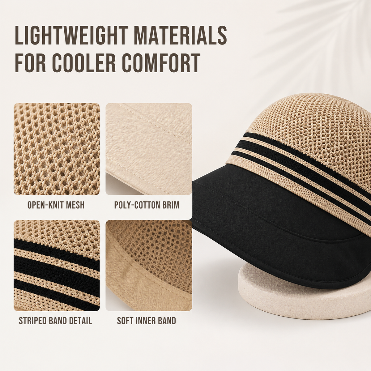 Women's sun hat materials: open-knit mesh, poly-cotton brim, striped band and soft inner band