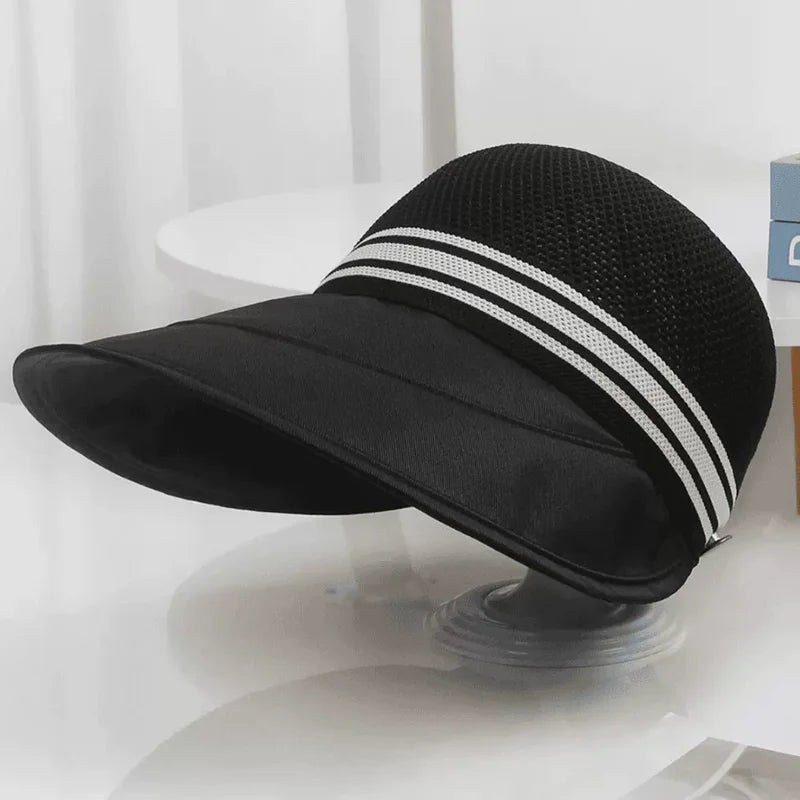 Women's sun hat in Black with white striped band, side view