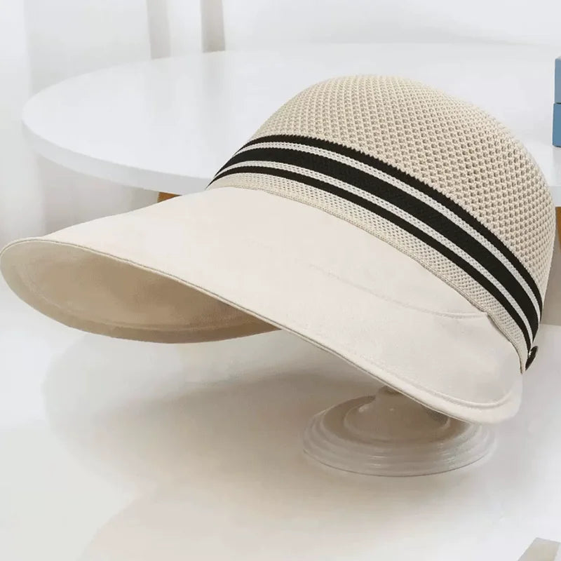 Women's sun hat in Beige with black striped band, side view