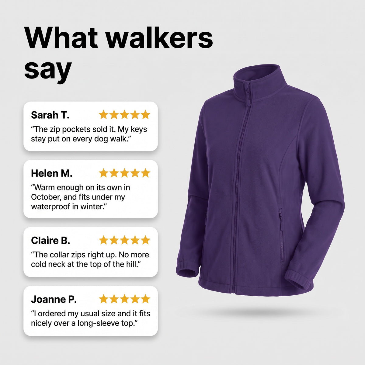 Customer review cards for the women's full zip fleece jacket