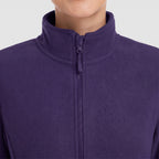 Close-up of the stand collar and zip puller of the women's fleece jacket