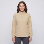 Women's fleece jacket in Beige, front view, zipped to the stand collar