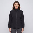 Women's fleece jacket in Black, front view, zipped to the stand collar