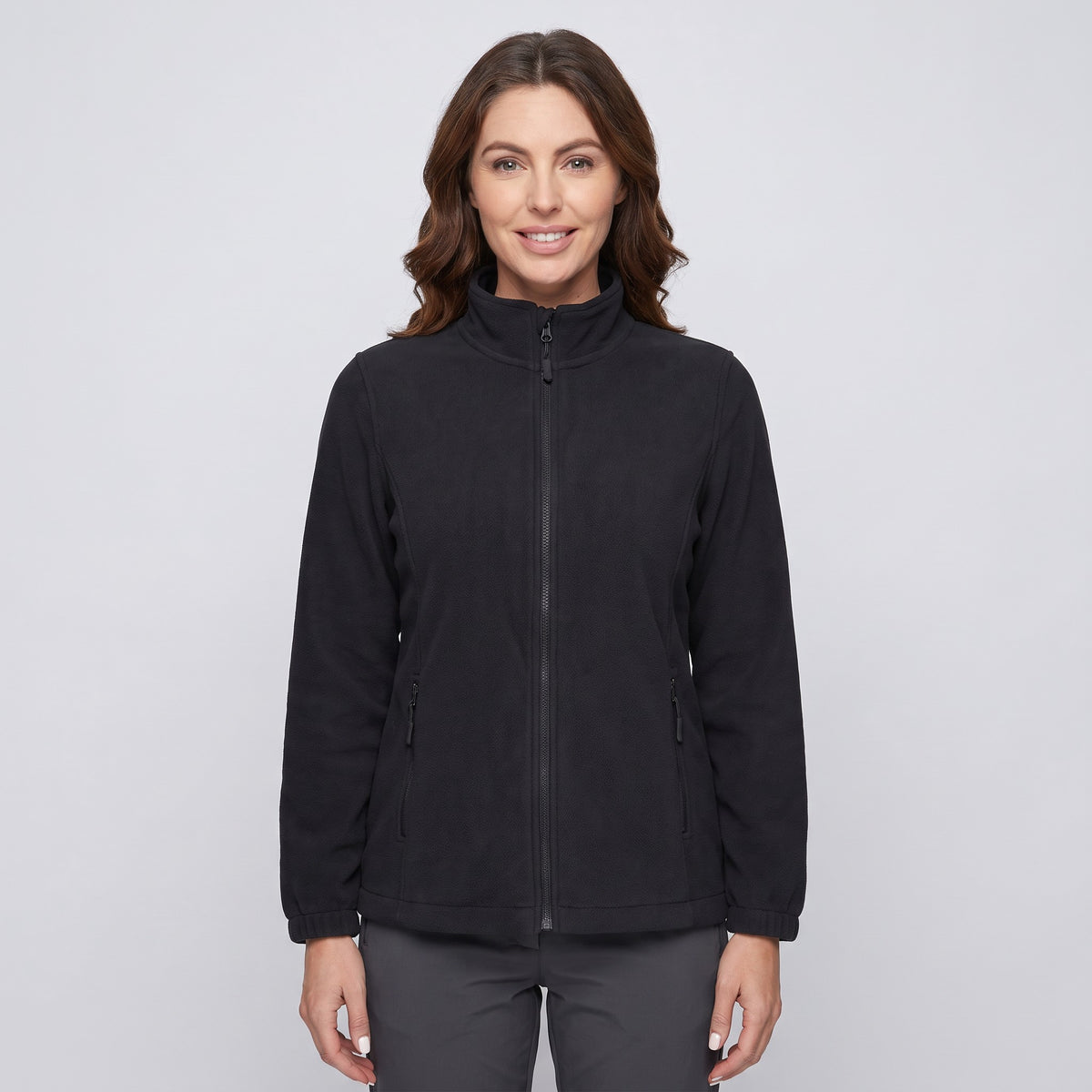 Women's fleece jacket in Black, front view, zipped to the stand collar