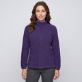 Women's fleece jacket in Dark Purple, front view, zipped to the stand collar