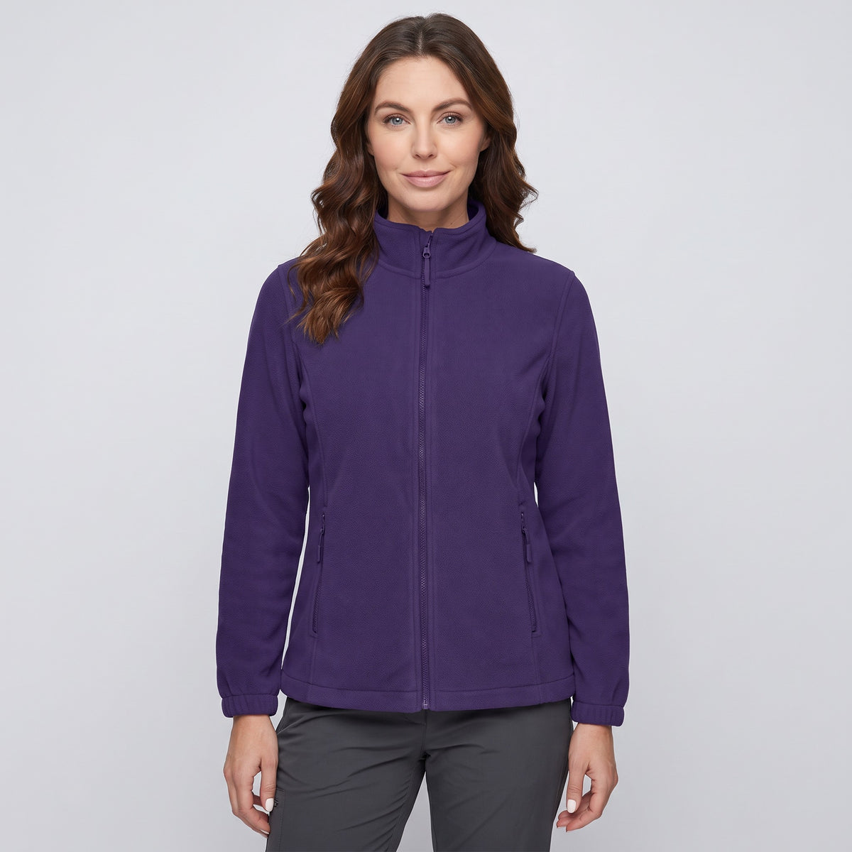 Women's fleece jacket in Dark Purple, front view, zipped to the stand collar