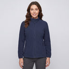 Women's fleece jacket in Navy, front view, zipped to the stand collar
