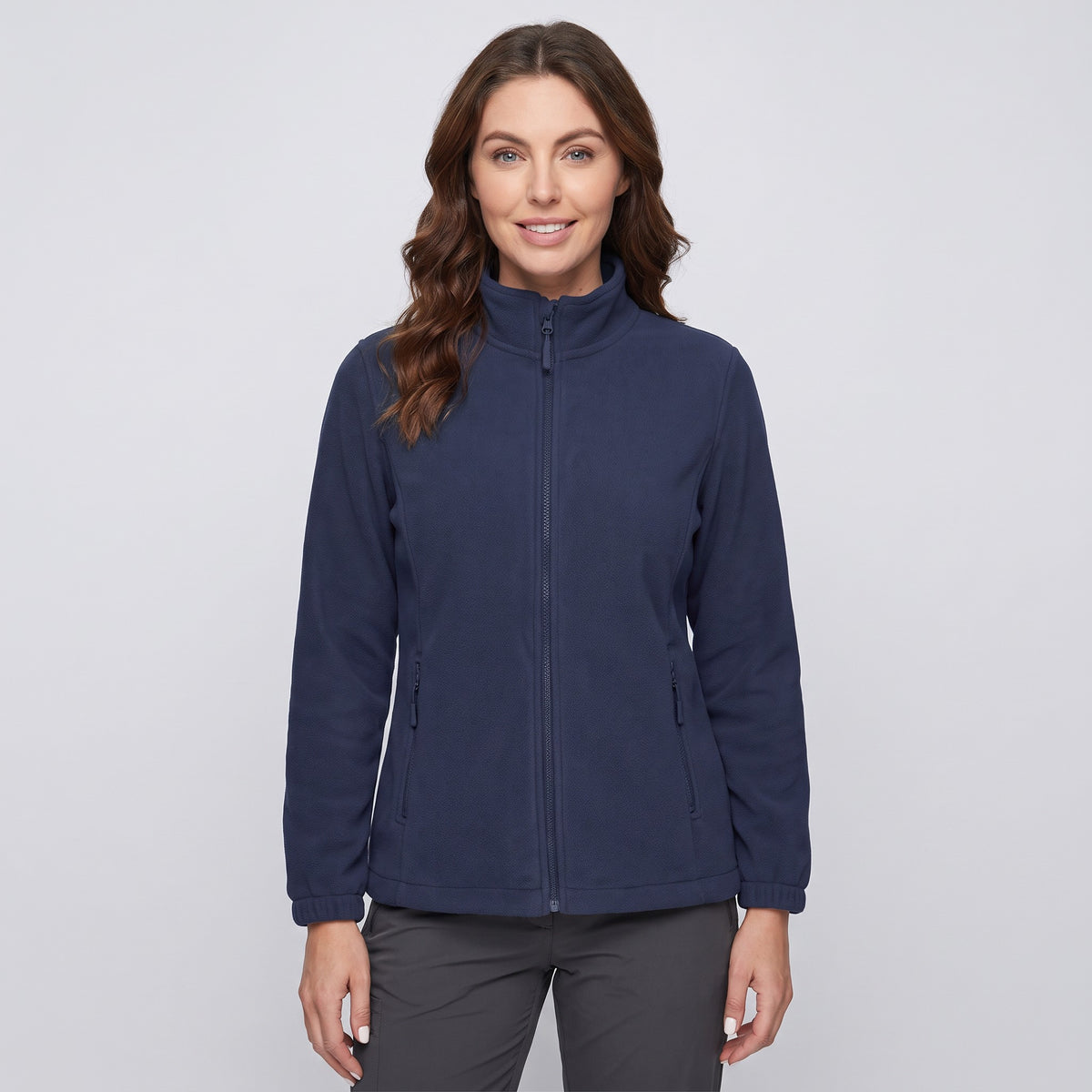 Women's fleece jacket in Navy, front view, zipped to the stand collar