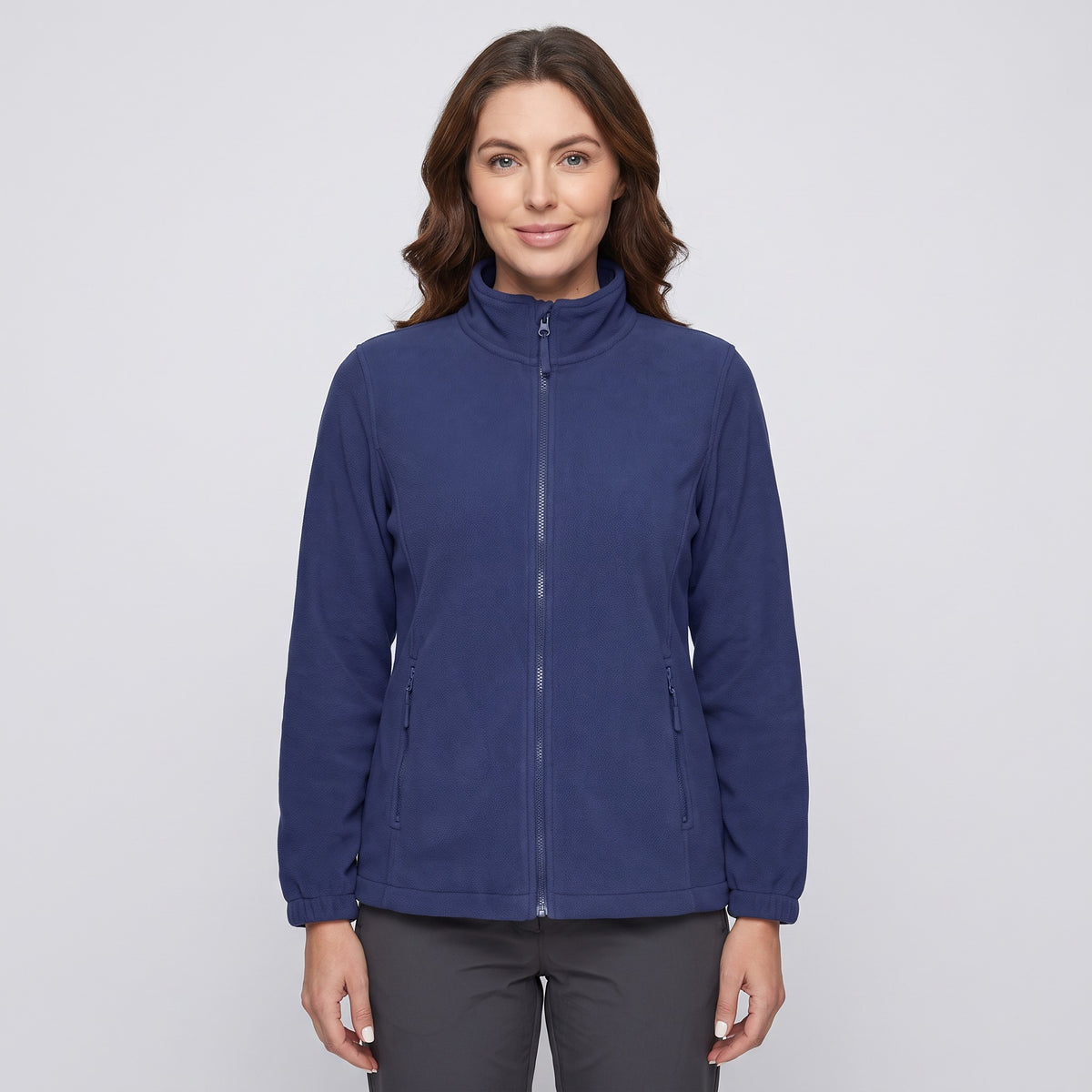 Women's fleece jacket in Royal Blue, front view, zipped to the stand collar