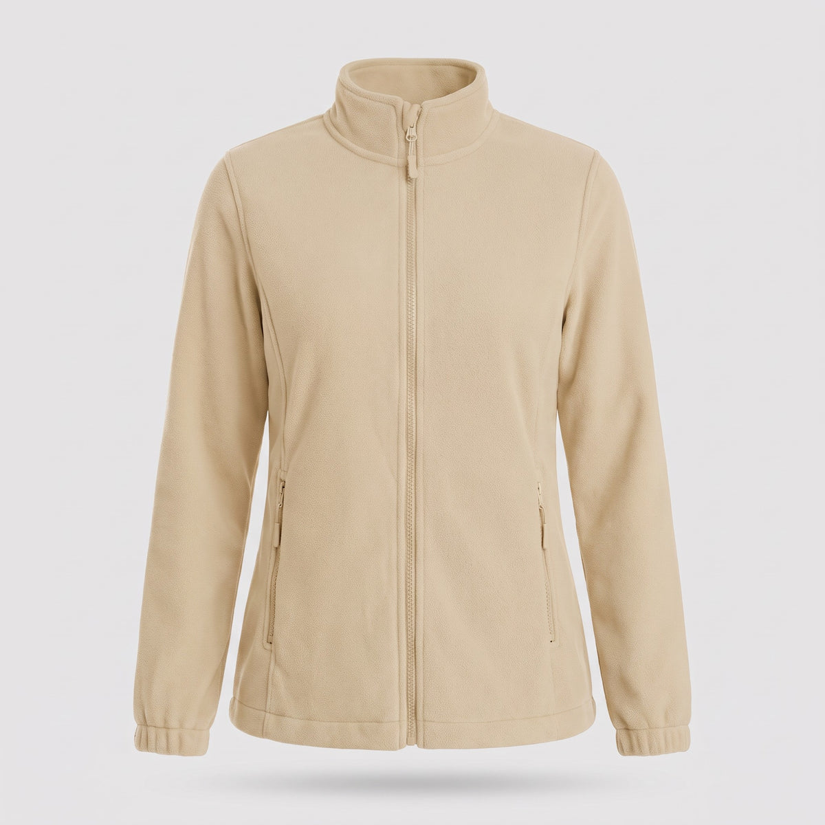 Women's full zip fleece jacket in Beige on a light grey background