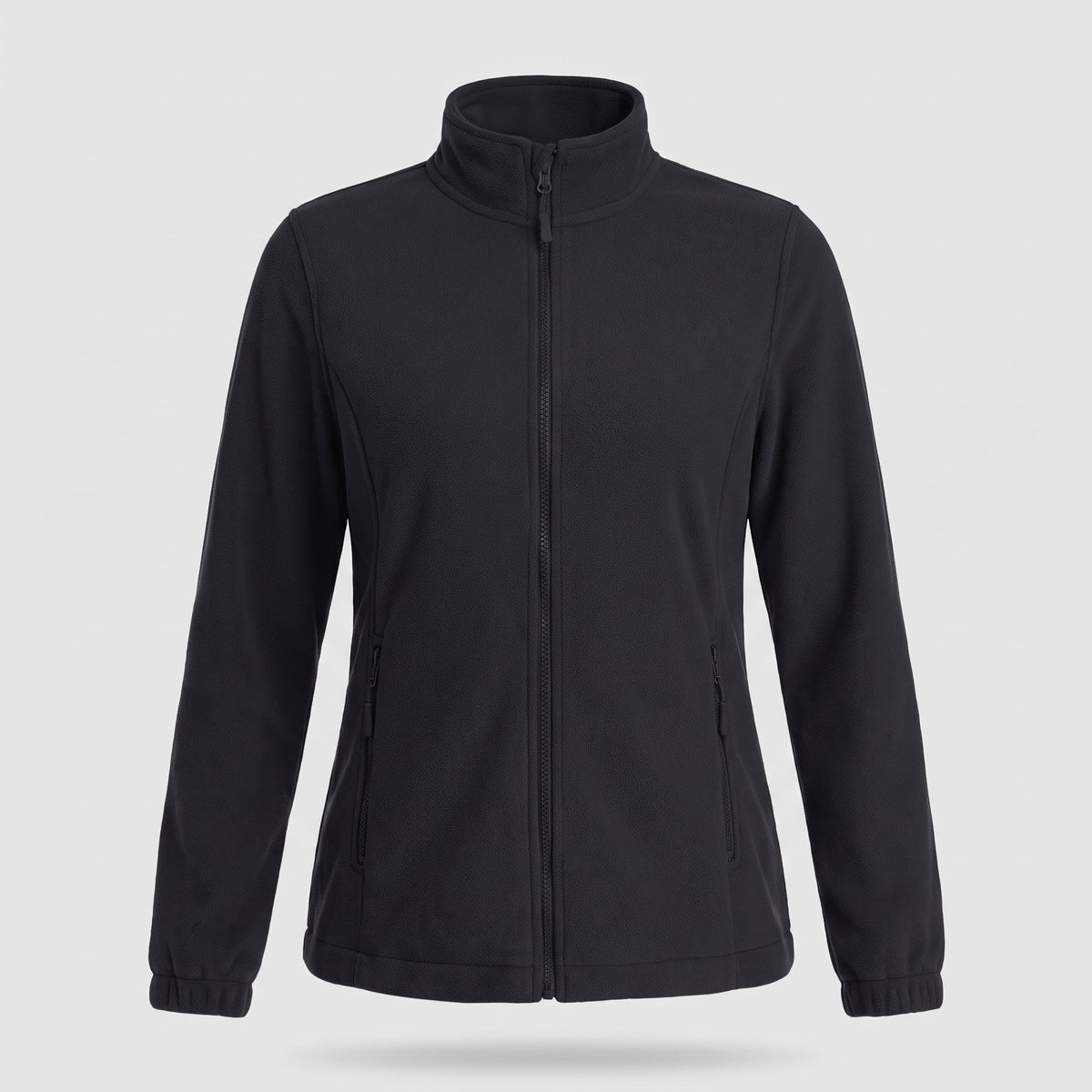 Women's full zip fleece jacket in Black on a light grey background