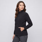 Women's fleece jacket in Black, three-quarter view with a hand in a zip pocket