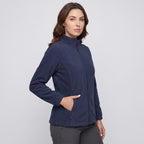 Women's fleece jacket in Navy, three-quarter view with a hand in a zip pocket