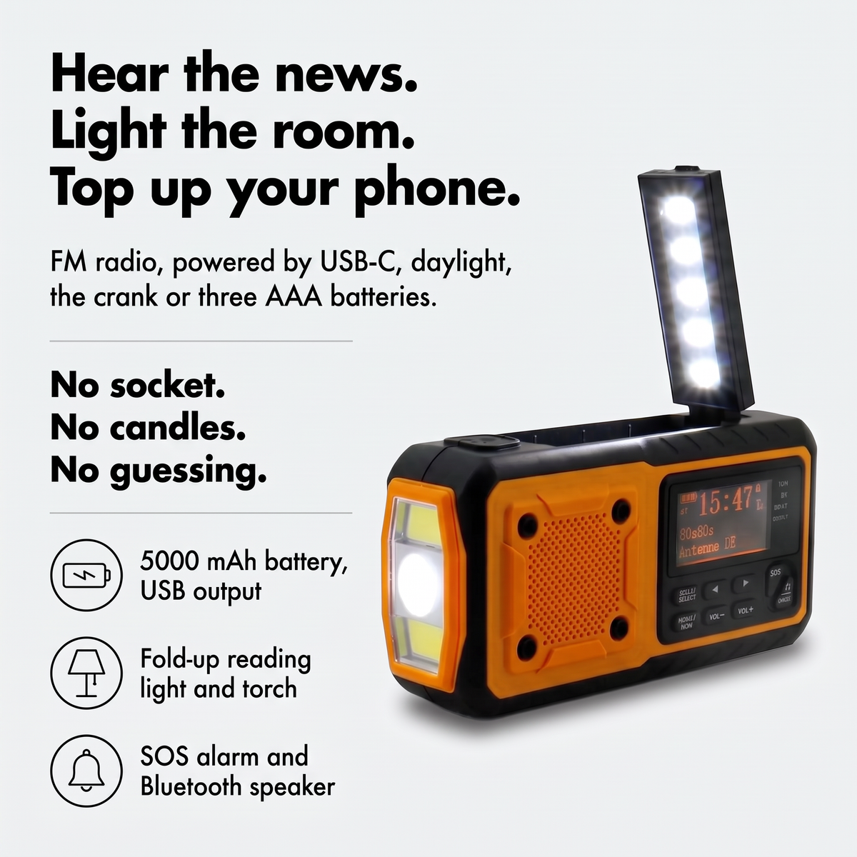 Wind up FM radio infographic: hear the news, light the room, top up your phone