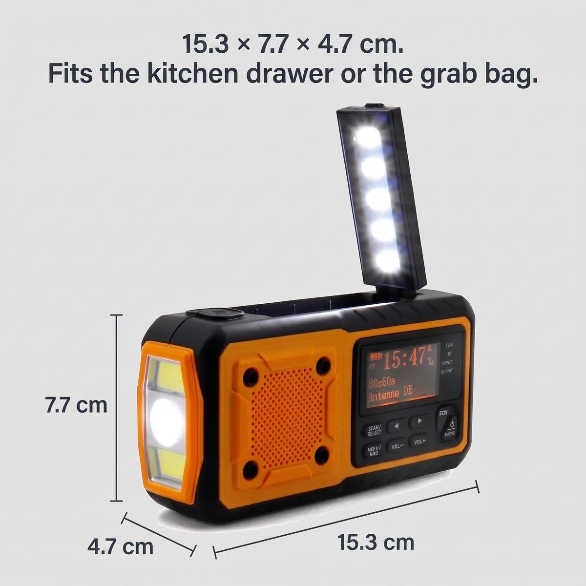 Wind up radio dimensions: 15.3 x 7.7 x 4.7 cm