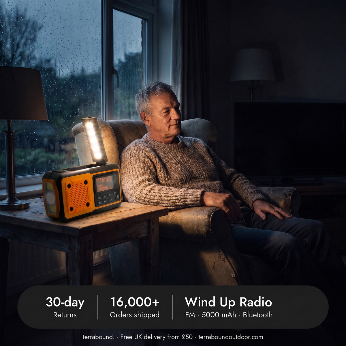 Wind up radio lighting a living room during a power cut, with returns, orders shipped and FM, 5000 mAh and Bluetooth details