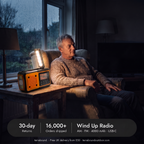 Wind up radio lighting a living room during a power cut, with returns, orders shipped and AM, FM, 4000 mAh and USB-C details