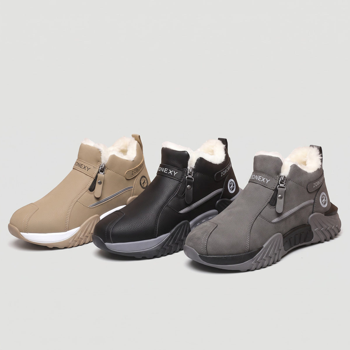 Men's winter trainers in Khaki, Black and Grey, all three colours side by side