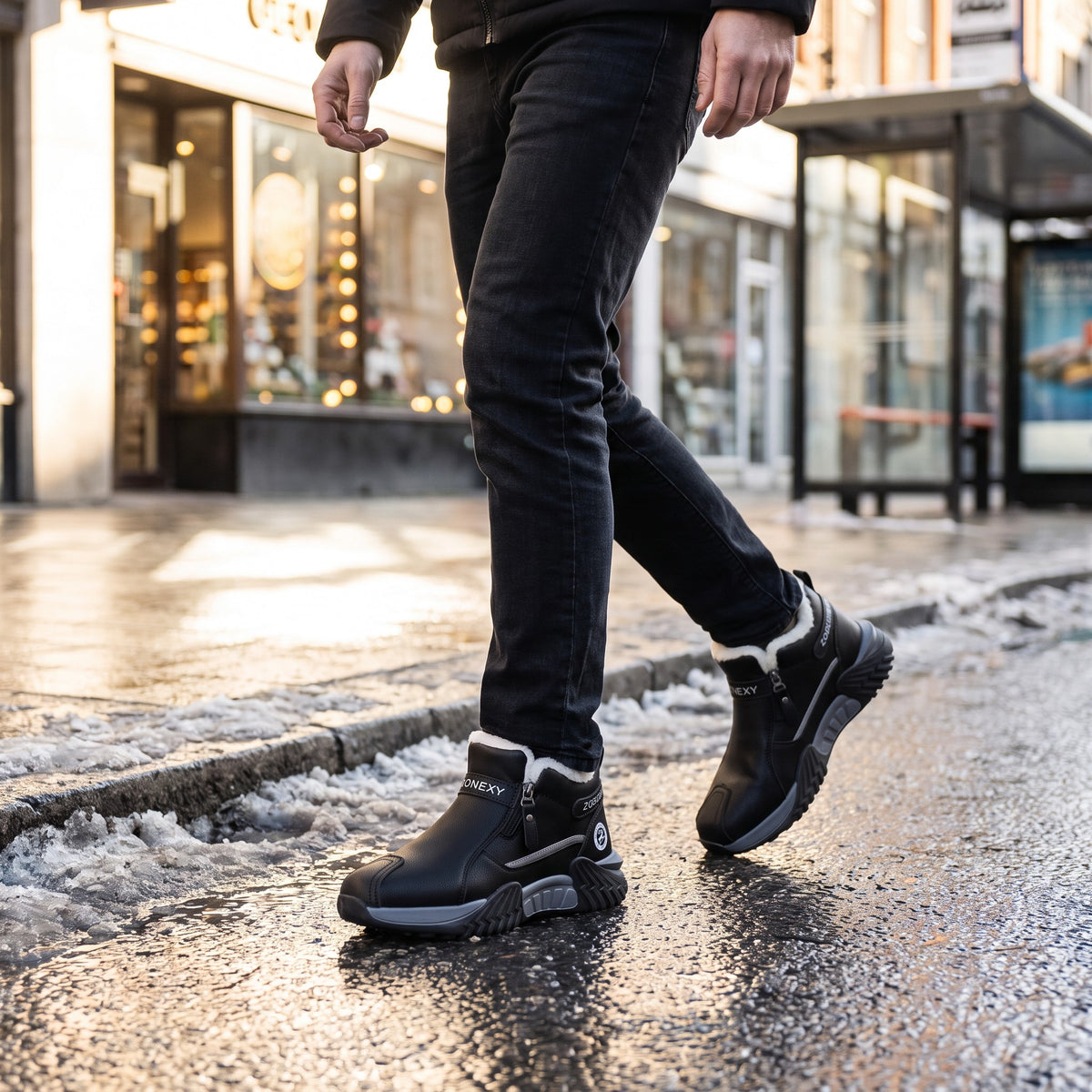 Man walking along a wet winter high street in the Black fur lined winter trainers