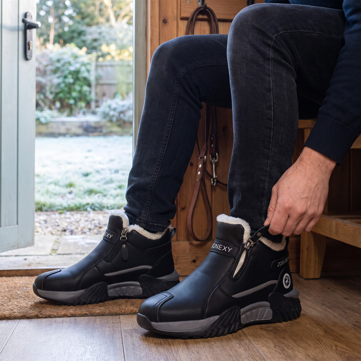 Man zipping up the side zip of his Black winter trainers by the back door