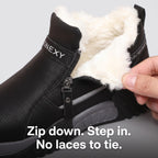 Side zip pulled half open showing the plush faux fur lining of the winter trainers