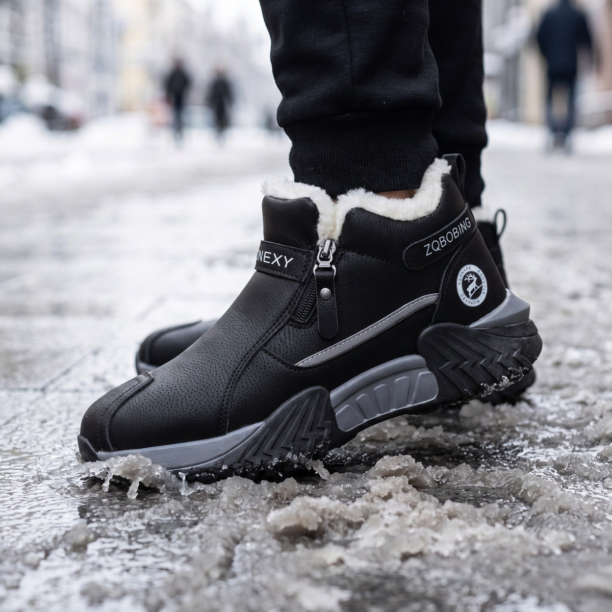 Chunky lugged sole of the winter trainers pressing into slush on a wet pavement