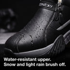Water droplets beading on the water-resistant upper of the winter trainers