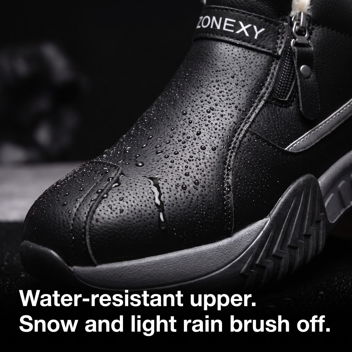 Water droplets beading on the water-resistant upper of the winter trainers