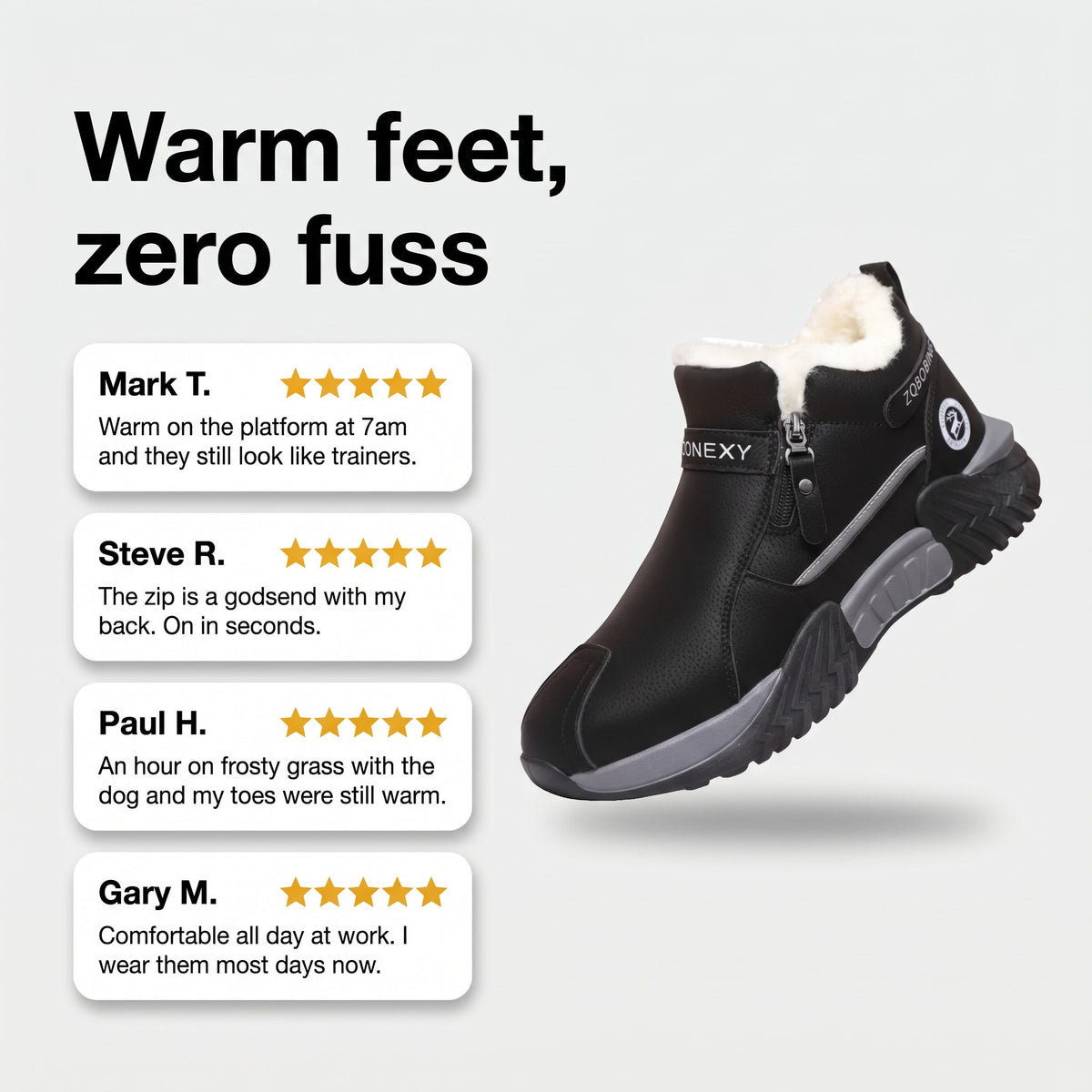 Customer review cards for the men's winter trainers