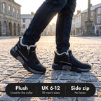 Winter trainers on a frosty town square: plush lined to the collar, UK 6 to 12, side zip with no laces