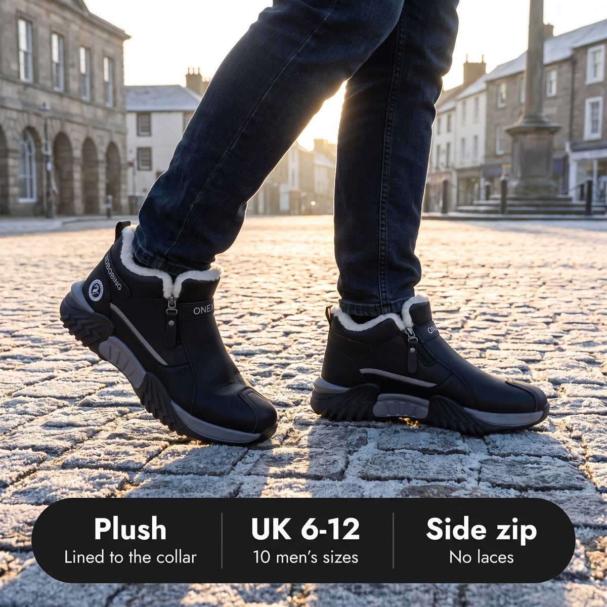 Winter trainers on a frosty town square: plush lined to the collar, UK 6 to 12, side zip with no laces