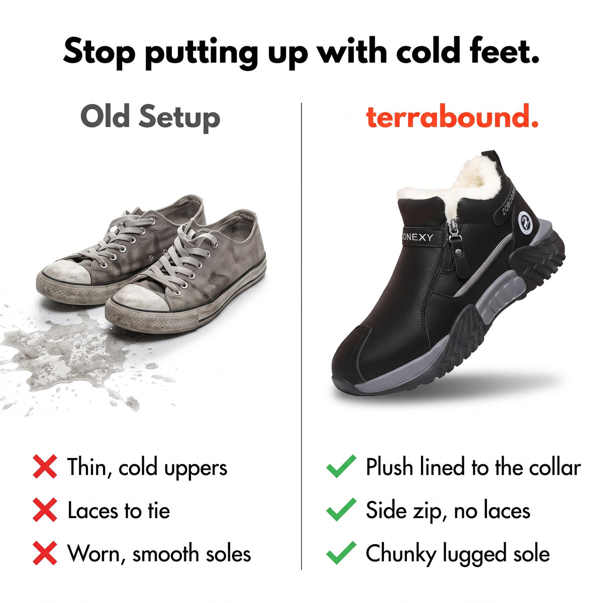 Comparison: thin canvas trainers versus terrabound plush lined winter trainers