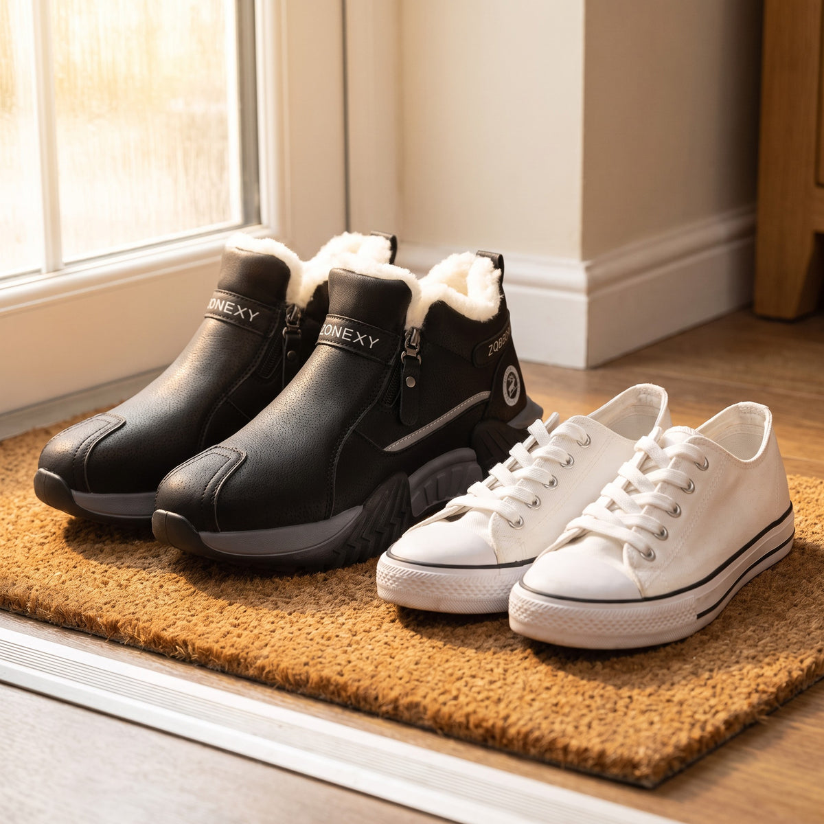Black fur lined winter trainers beside a pair of ordinary canvas trainers for scale