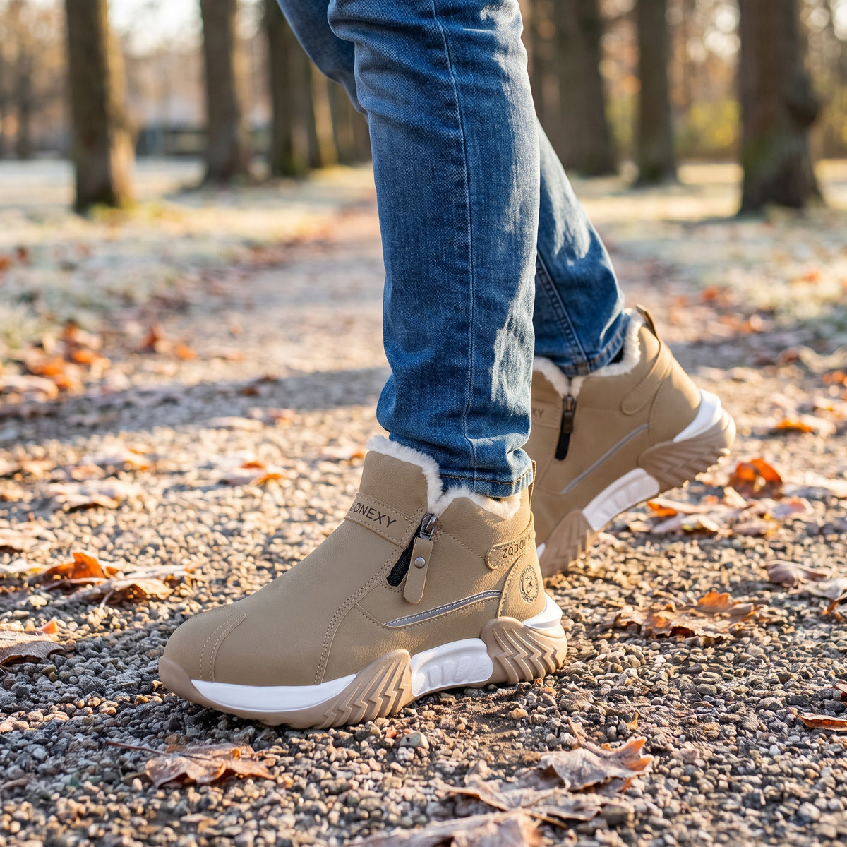 Khaki men's winter trainers worn on a frosty park path