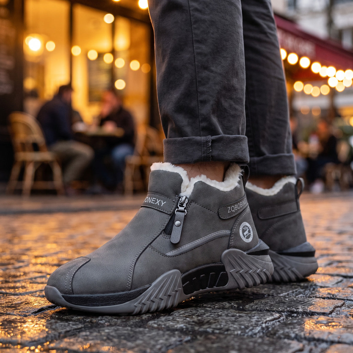 Grey suede-look men's winter trainers worn on wet cobbles outside a cafe
