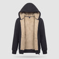 Women's sherpa lined zip up hoodie in Black, front view with the sherpa lining showing