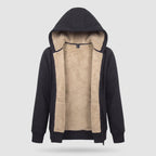 Women's sherpa lined zip up hoodie in Black, front view with the sherpa lining showing