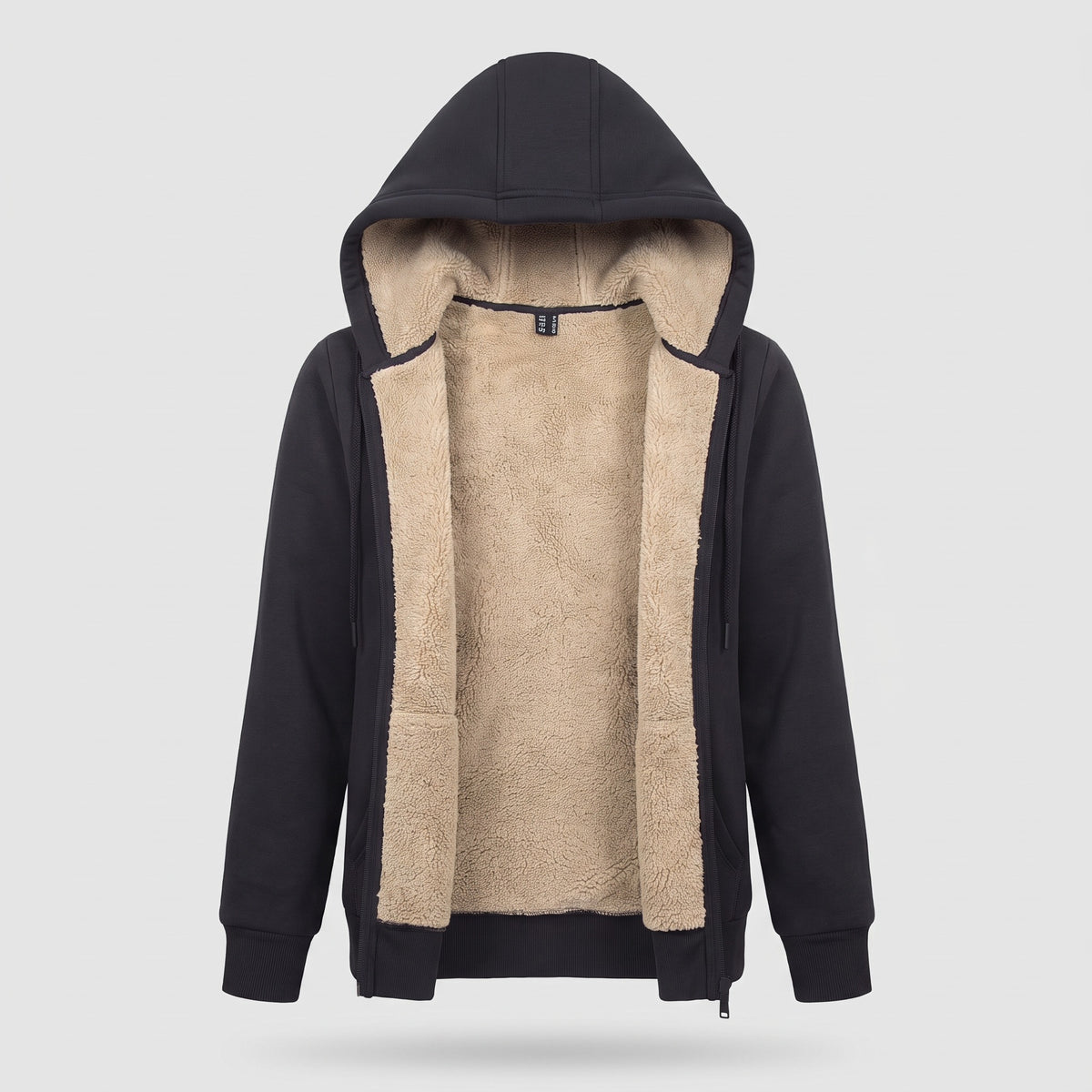 Women's sherpa lined zip up hoodie in Black, front view with the sherpa lining showing