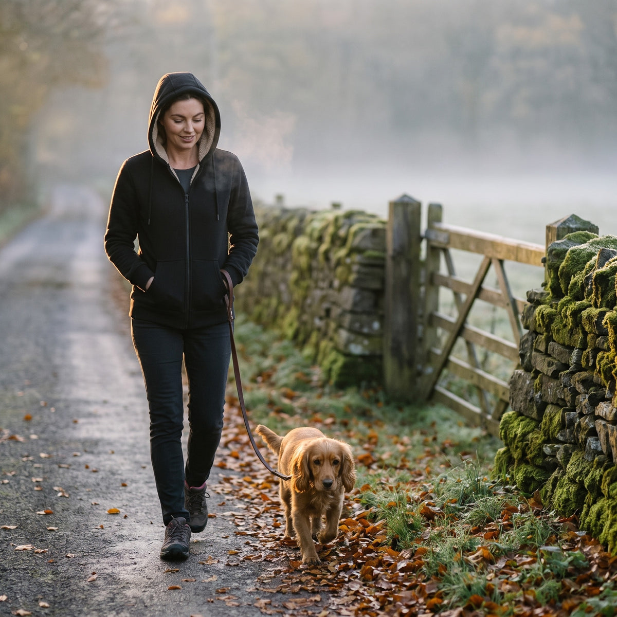 Woman walking a spaniel on a misty autumn lane in the Black sherpa zip up hoodie, hood up