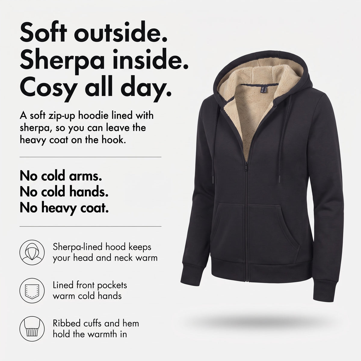 Sherpa zip up hoodie infographic: soft outside, sherpa inside, cosy all day