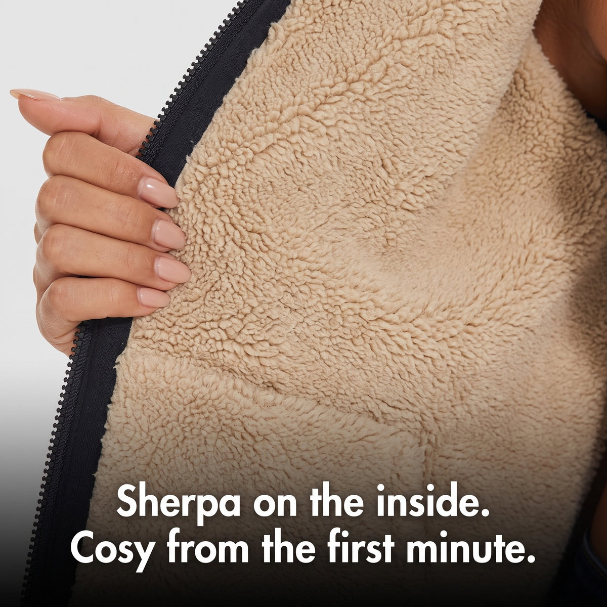 Close-up of the short, dense sherpa lining inside the women's zip up hoodie