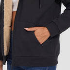Close-up of the front pouch pocket, ribbed cuff and hem of the sherpa zip up hoodie
