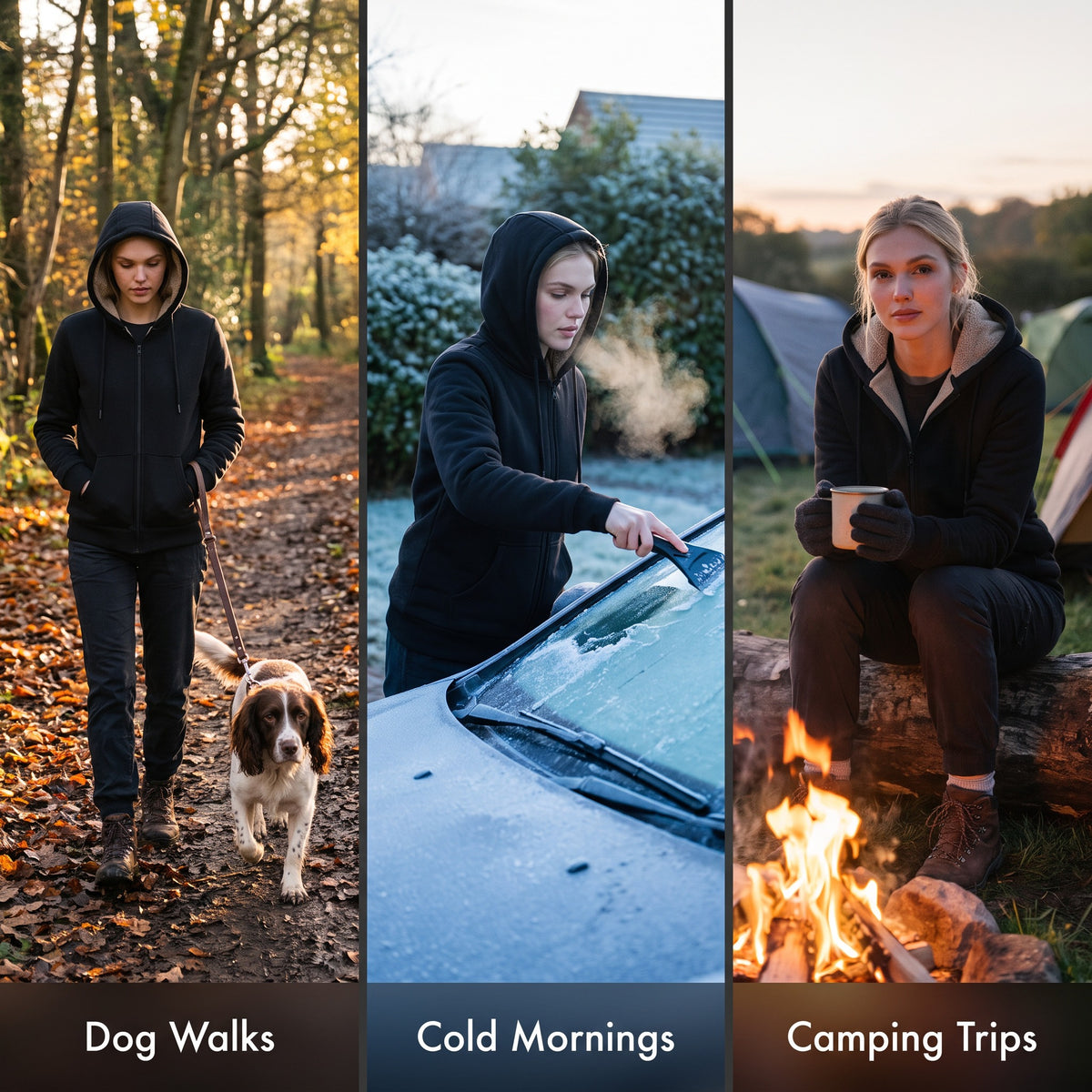 Sherpa zip up hoodie for dog walks, cold mornings and camping trips