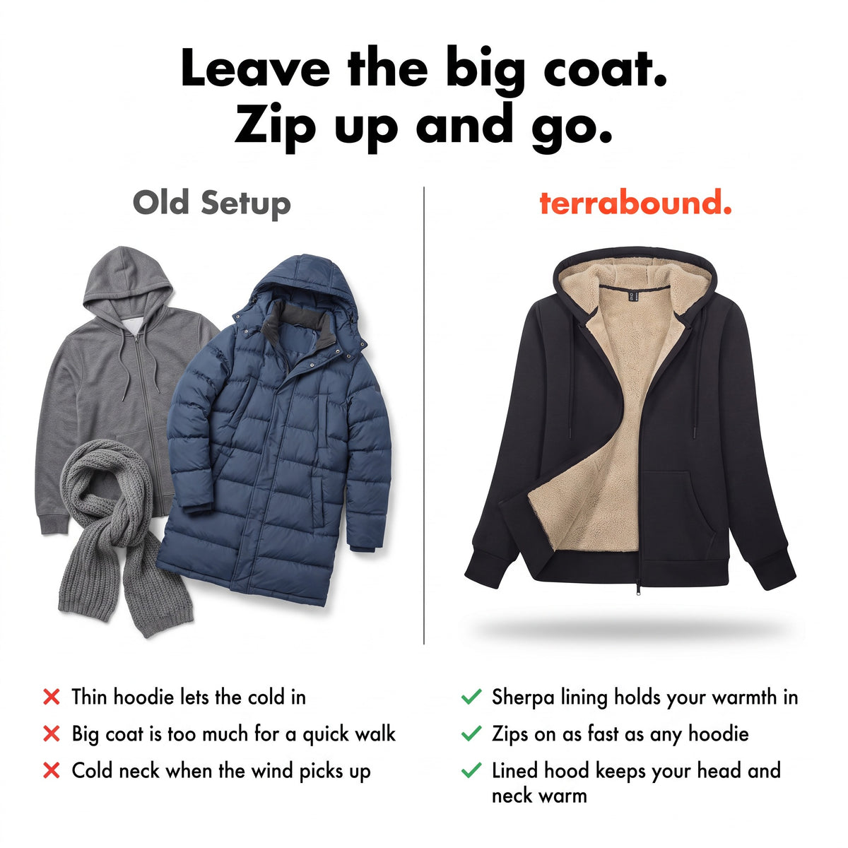 Comparison of a thin hoodie and a big padded coat with the sherpa lined zip up hoodie