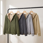 Sherpa lined zip up hoodie in Army Green, Dark Grey, Light Grey and Khaki on a clothing rail