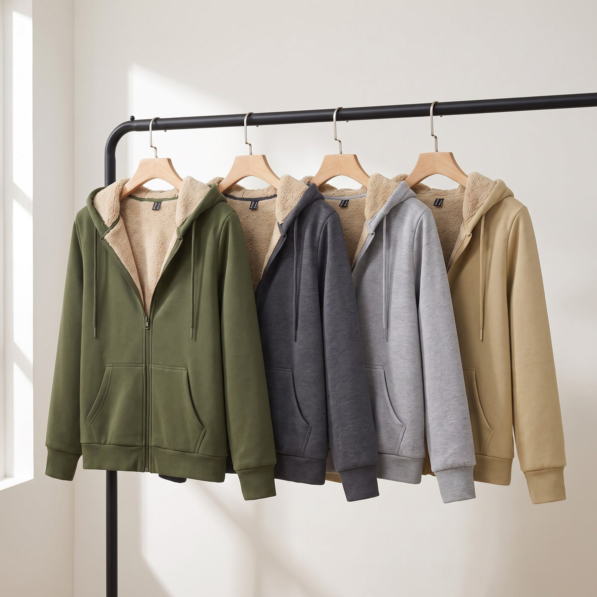 Sherpa lined zip up hoodie in Army Green, Dark Grey, Light Grey and Khaki on a clothing rail