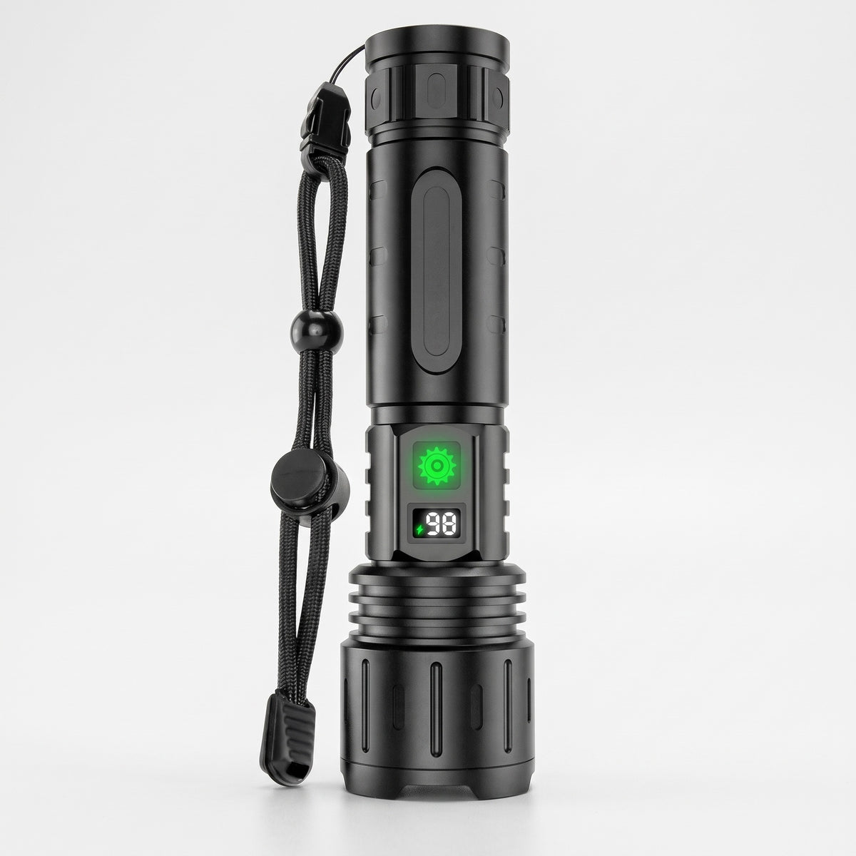 Rechargeable LED torch with power bank, black, with wrist lanyard