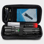 Rechargeable torch kit in its zip case with battery, battery holder, USB cable and manual
