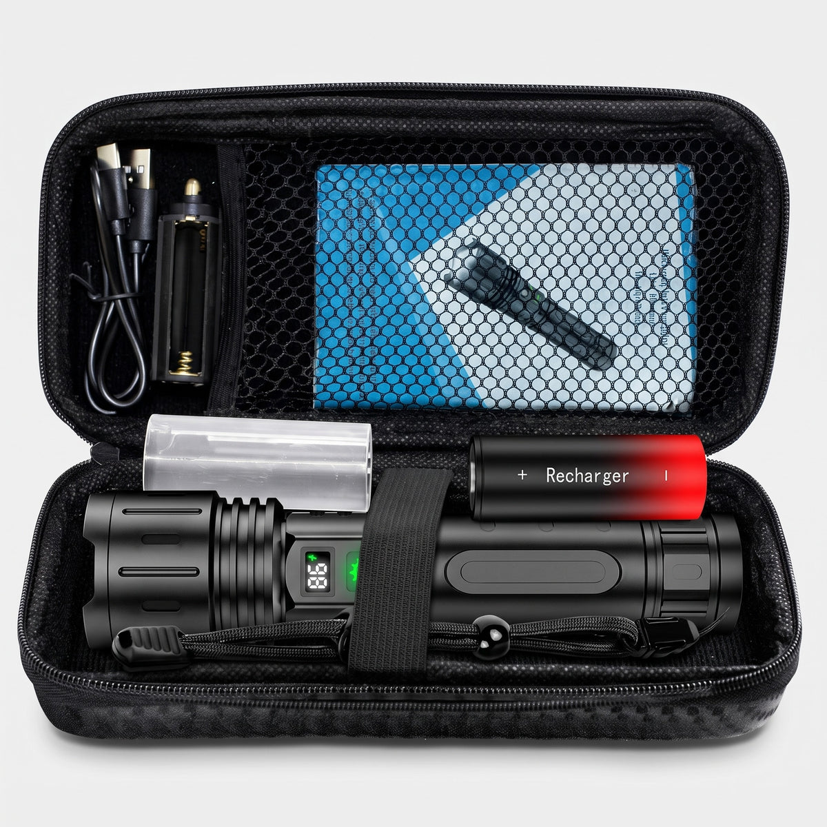 Rechargeable torch kit in its zip case with battery, battery holder, USB cable and manual